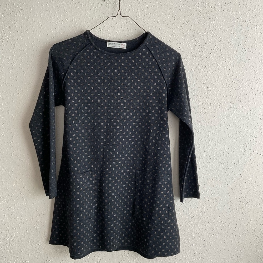 New Zara  Girls Soft Collection Sz 9/10 Gray Gold Polka Dot Knit Dress